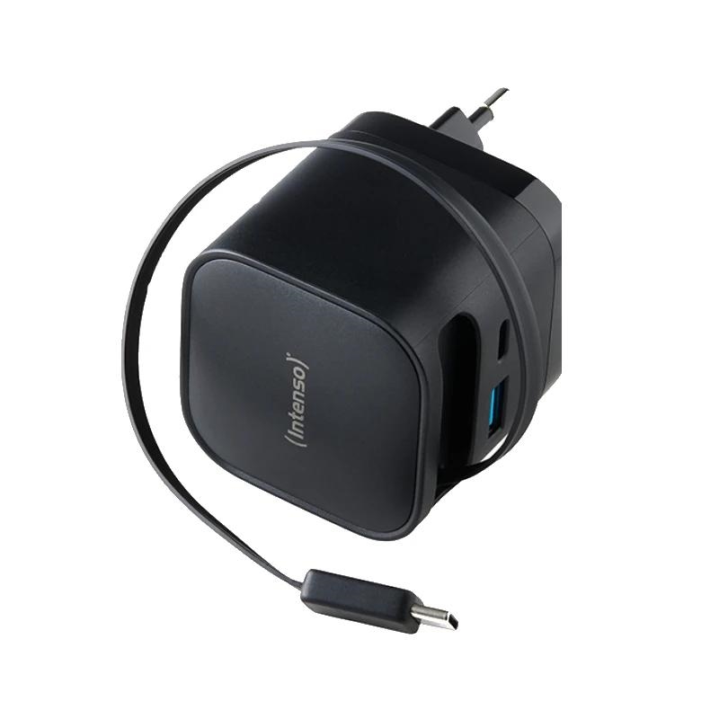 Intenso Cargador GaN W65ACIC retráctil Negro